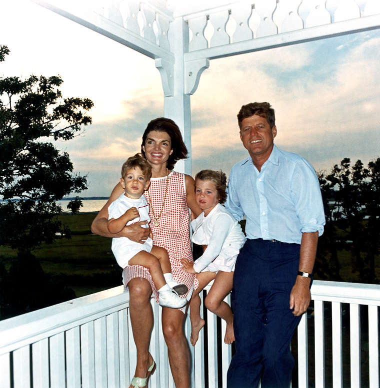 President John F. Kennedy, First Lady Jacqueline Kennedy, and their children John, Jr. and Caroline, at their summer house in Hyannis Port, Massachusetts.